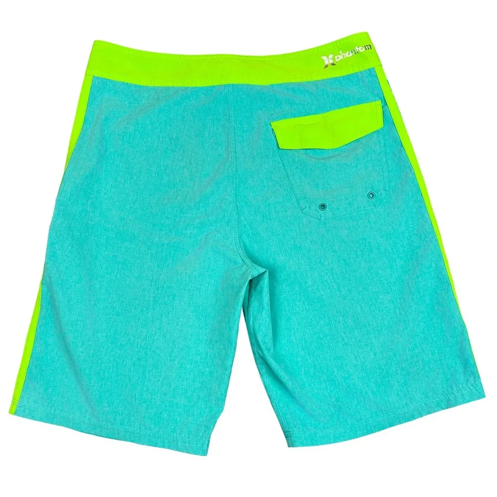 EUC Hurley Phantom Mens Board Shorts Teal Neon Green Striped Swim Trunks Size 32